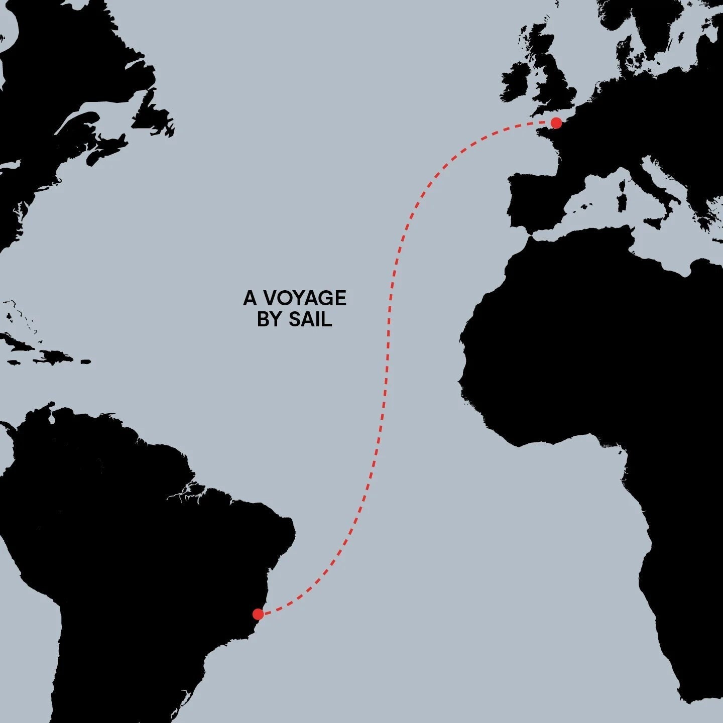 BRiMM map graphic showing a red dashed line representing a wind-powered sailing voyage from Brazil to Europe.