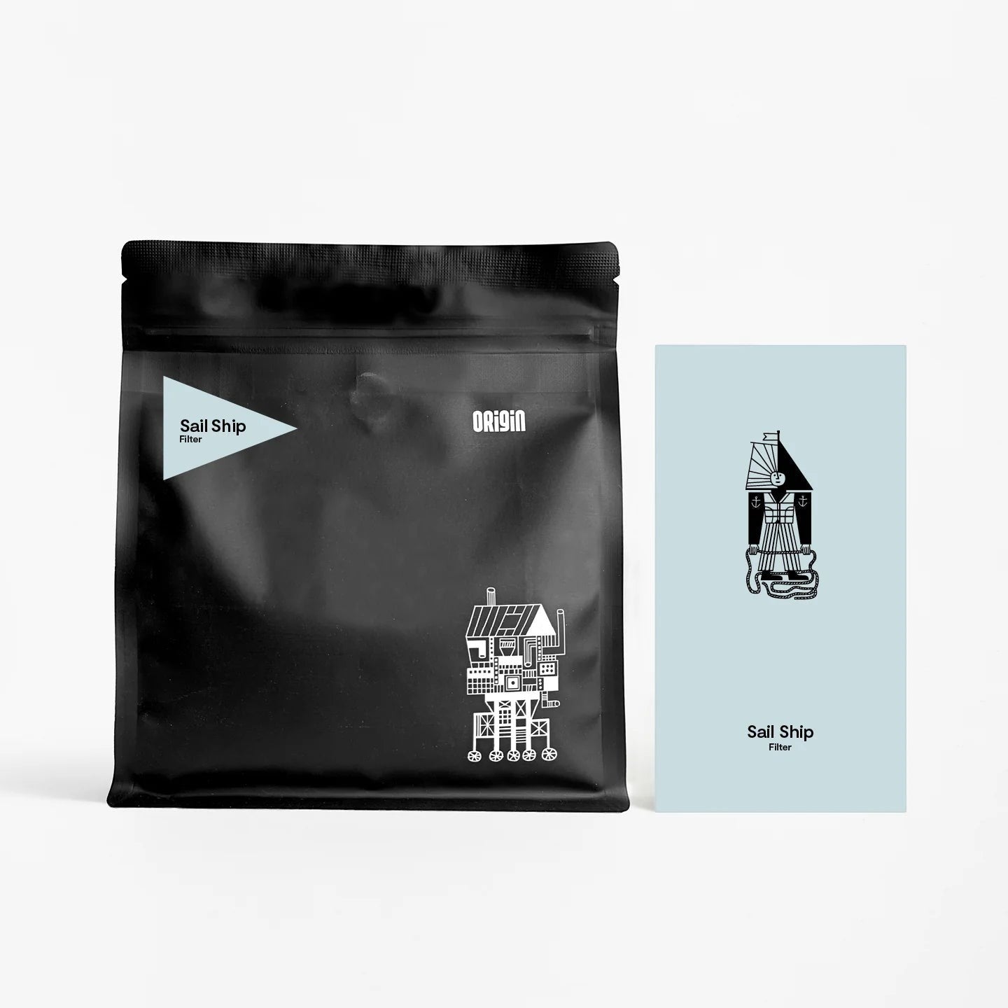 BRiMM Sail Ship filter coffee whole beans in a black matte pouch with a minimalist graphic card on a white background