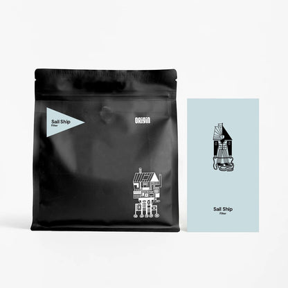 BRiMM Sail Ship filter coffee whole beans in a black matte pouch with a minimalist graphic card on a white background
