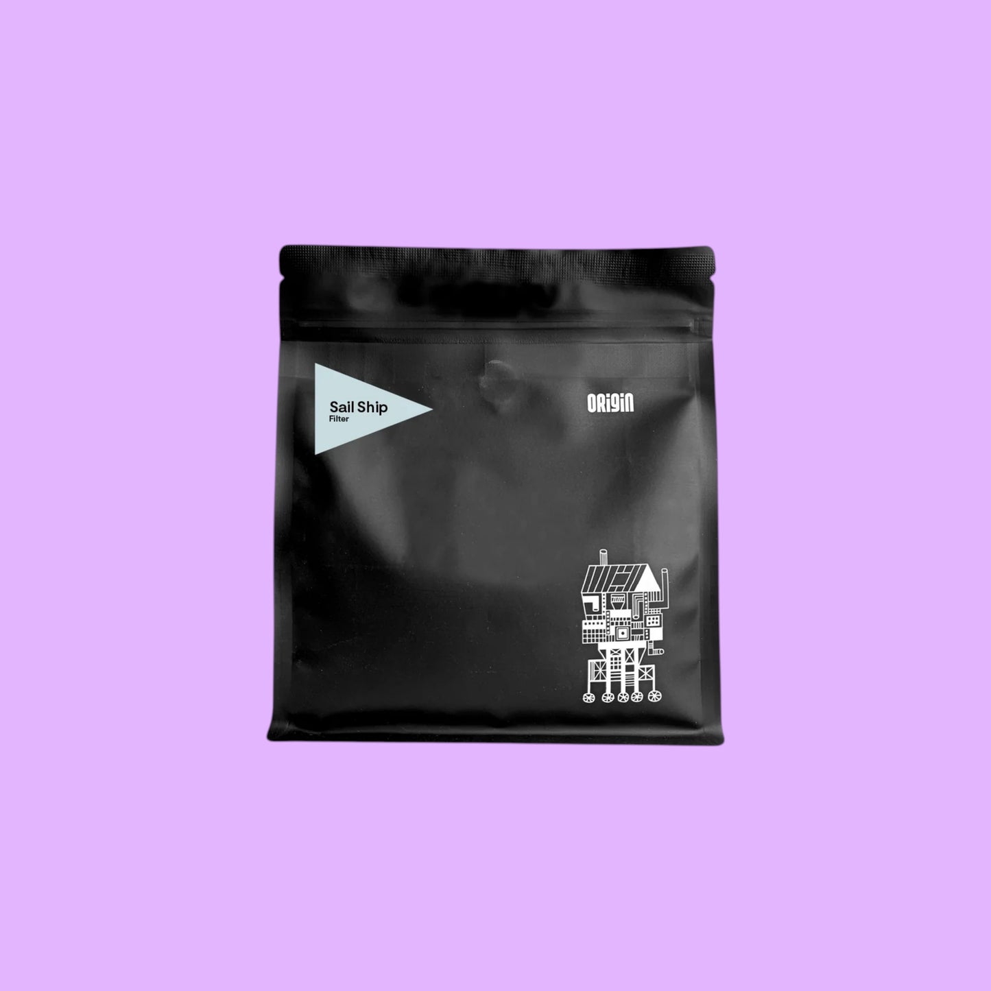 BRiMM Sail Ship filter coffee whole beans in a sleek black matte pouch with minimalist white graphic design.