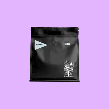 BRiMM Sail Ship filter coffee whole beans in a sleek black matte pouch with minimalist white graphic design.