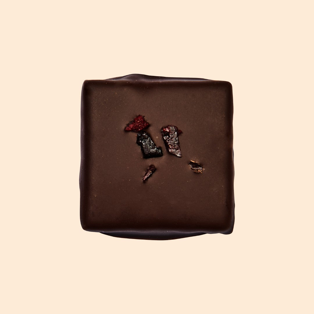 Cosmic Dealer Salty Fig dark chocolate square topped with dried fig pieces, featuring a rich and earthy gourmet finish.