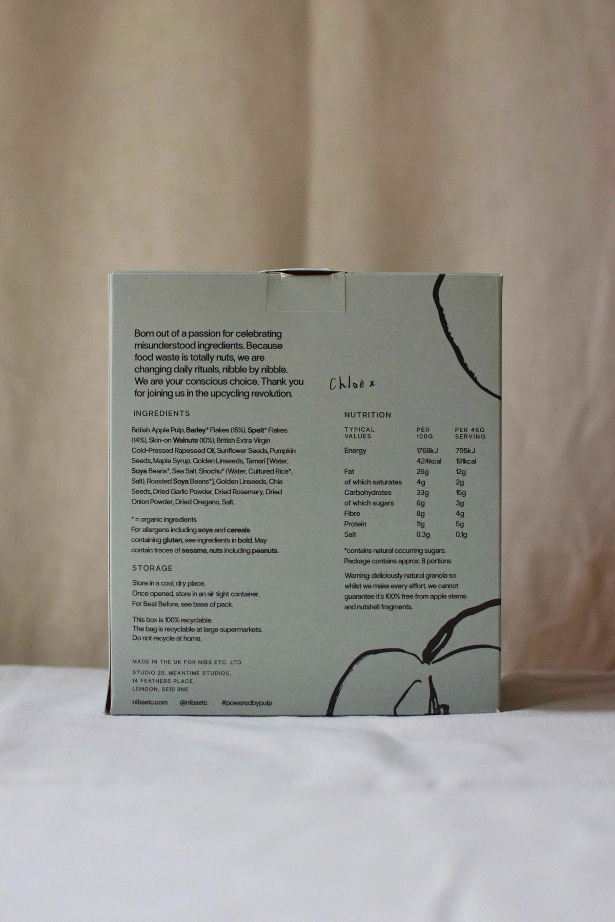 Nibs Etc. savoury granola box back view showing ingredients, nutritional information, and sustainability details.