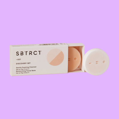 SBTRCT Discovery Travel Minis set featuring a gentle foaming cleanser and moisturising balm in solid form, skincare 8bfb 466b 93a3.