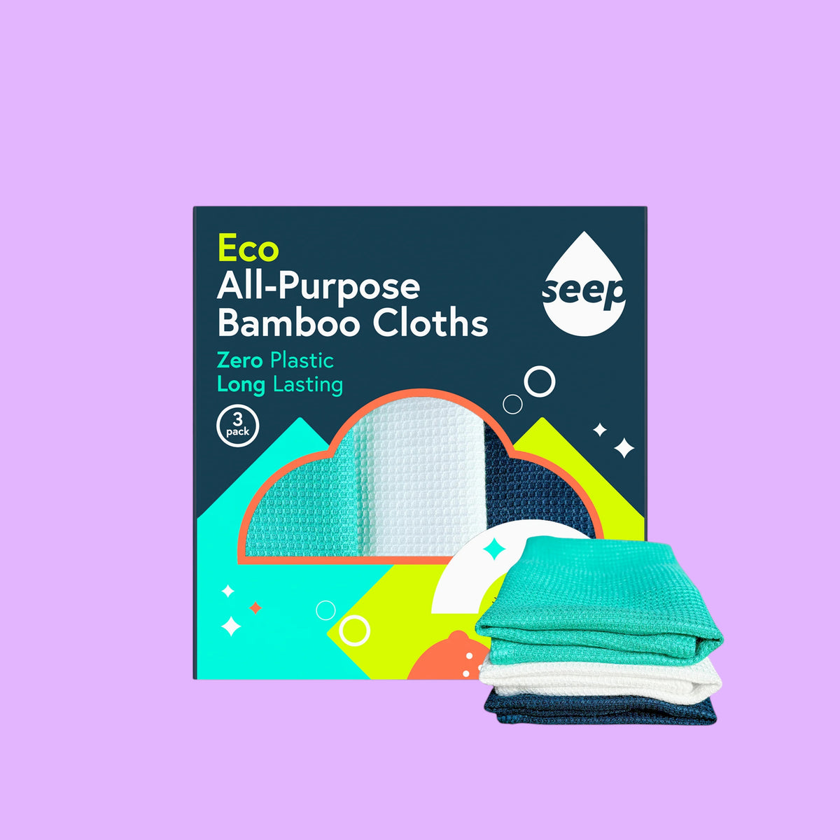 Seep eco-friendly bamboo cleaning cloths in a 3-pack with green, white, and navy blue textured fabric.