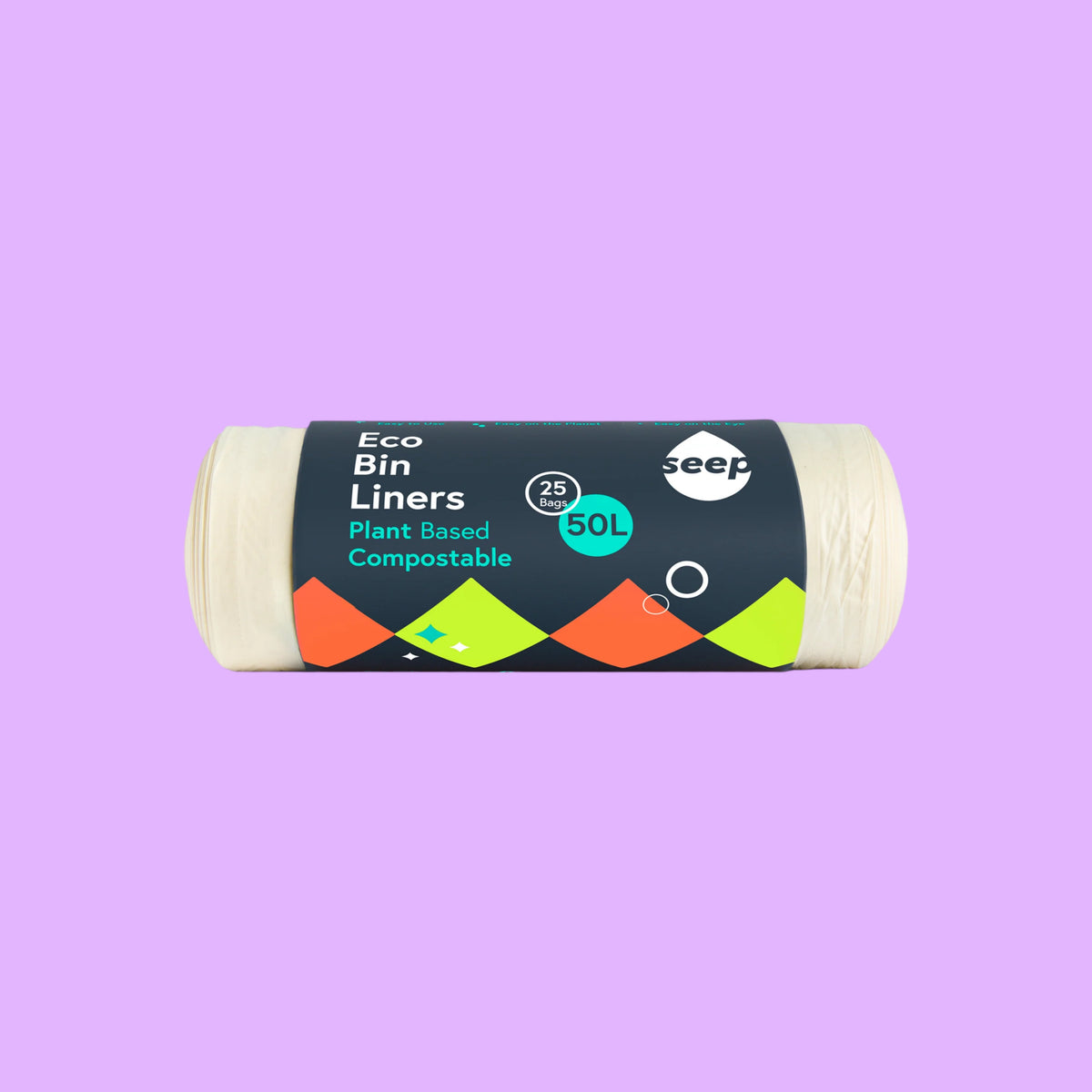 Seep 50L compostable bin liner roll in cream, made from plant-based materials for sustainable waste disposal.
