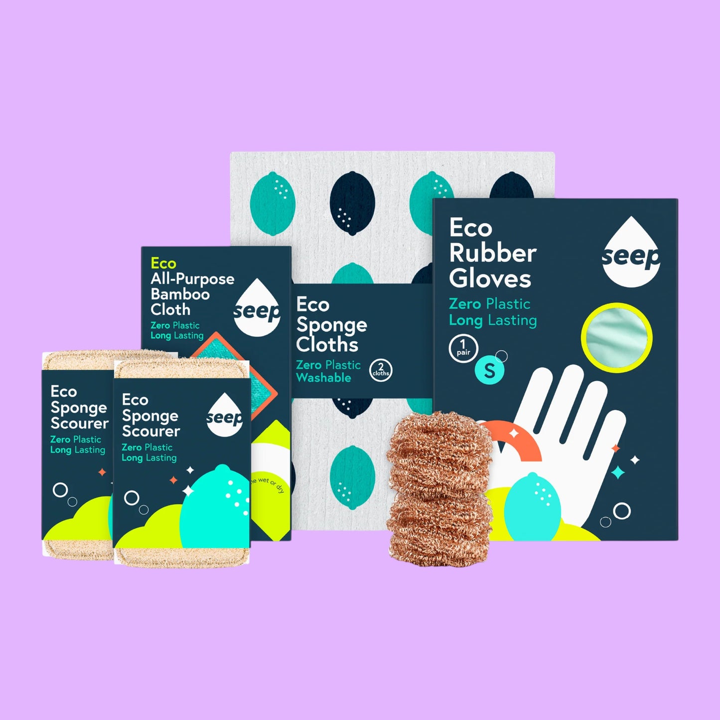 Seep eco-friendly cleaning starter kit featuring sponges, bamboo cloths, rubber gloves, and copper scourers (view 2).