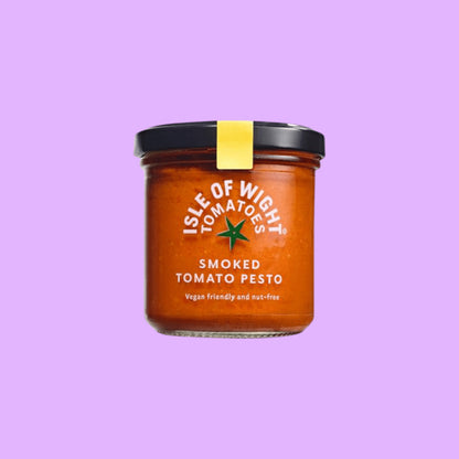 Isle of Wight Tomatoes Isle of Wight Smoked Tomato Pesto in a glass jar, a vegan and nut-free sauce with roasted tomato and paprika (view 2).