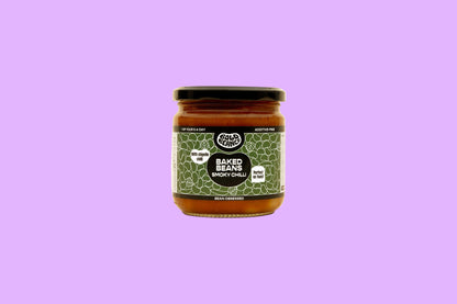 Bold Bean Co Smoky Chilli Baked Beans in a 325g glass jar with a green label featuring chipotle chilli and tomato sauce.