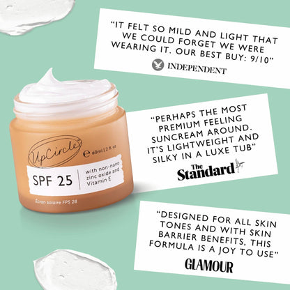 UpCircle SPF 25 mineral sunscreen in a glass jar with zinc oxide, aloe vera, and raspberry seed oil for sensitive skin.