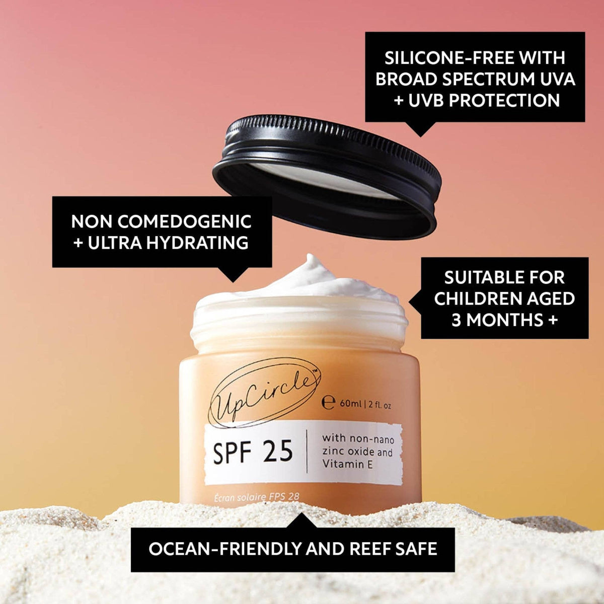 UpCircle SPF 25 mineral sunscreen in a jar with white cream, featuring zinc oxide and upcycled raspberry seed oil.
