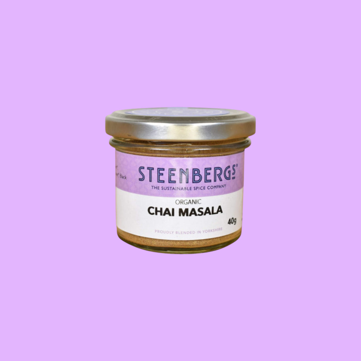 Steenbergs organic masala chai spice blend in a 40g recyclable glass jar with a purple label