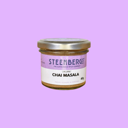 Steenbergs organic masala chai spice blend in a 40g recyclable glass jar with a purple label