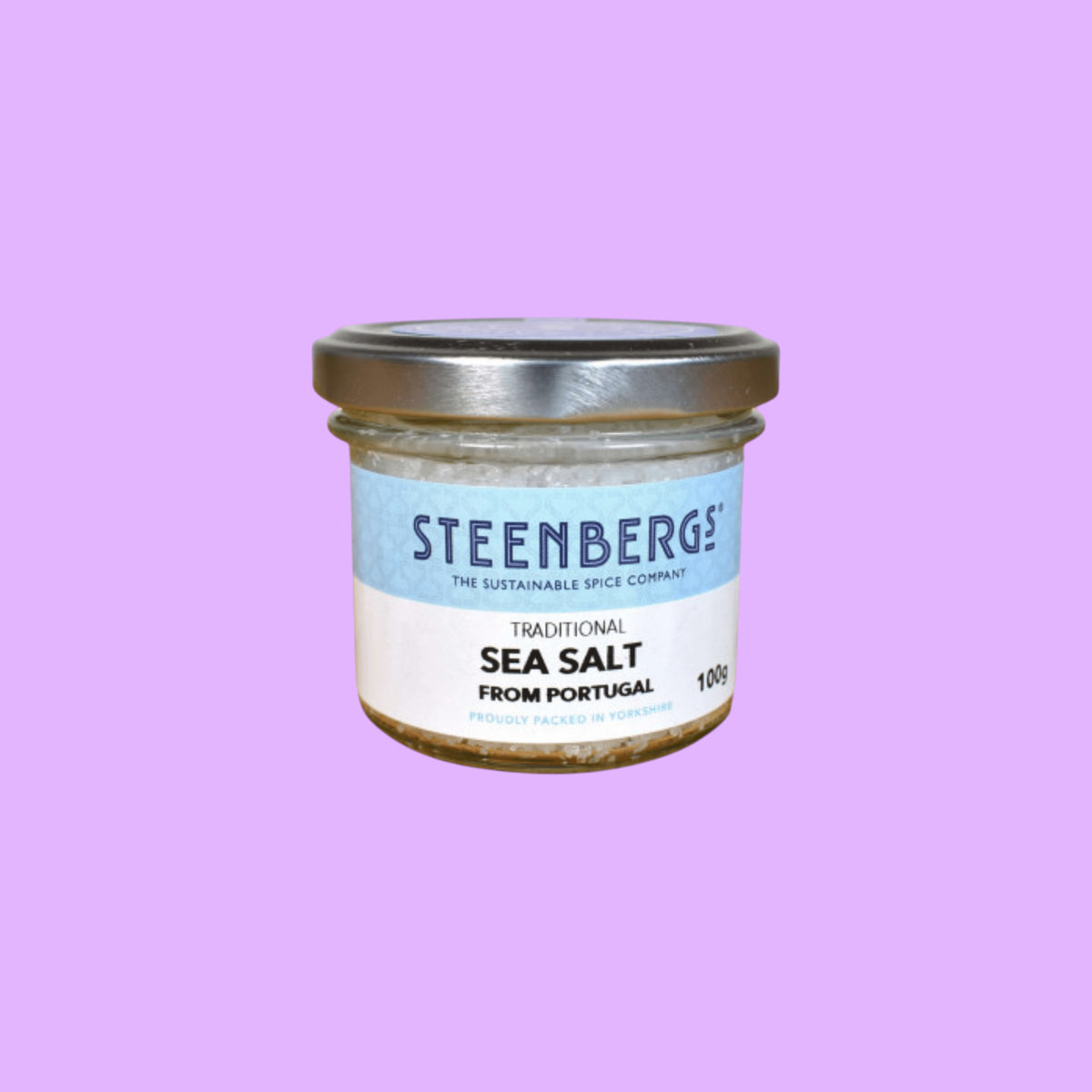 Steenbergs traditional hand-harvested sea salt flakes in a small glass jar with a silver lid