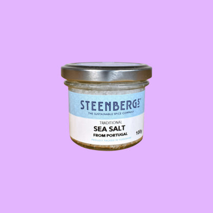 Steenbergs traditional hand-harvested sea salt flakes in a small glass jar with a silver lid