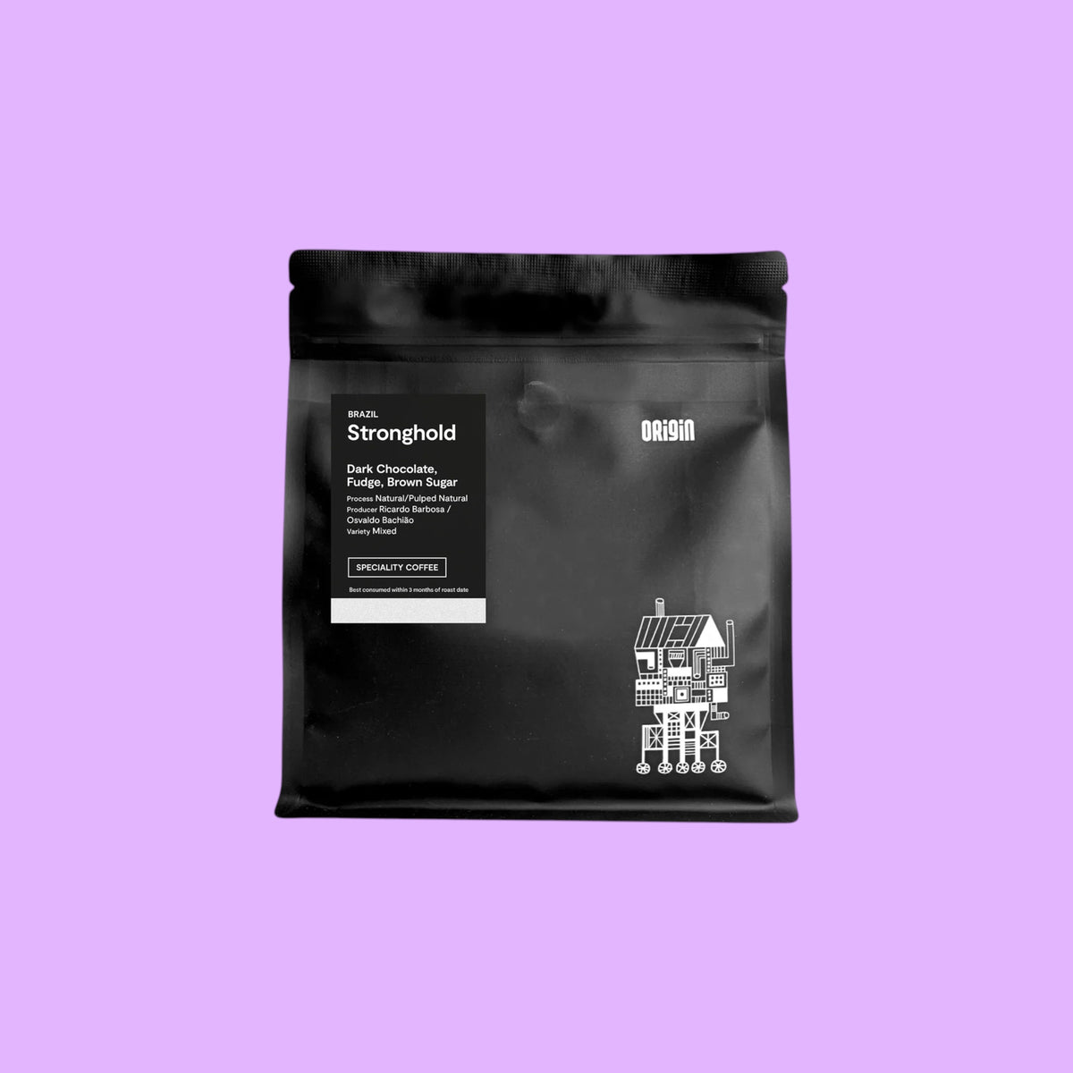 Origin Coffee Stronghold whole bean coffee in a matte black resealable bag with white label and graphic illustration, beans bag.