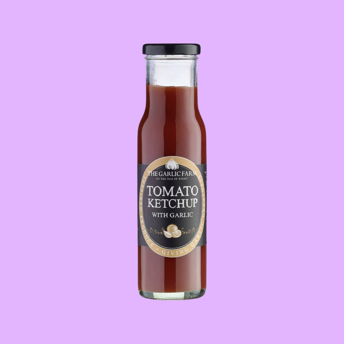The Garlic Farm tomato ketchup with garlic in a glass bottle, a vegan and gluten-free condiment, shown from a different angle.