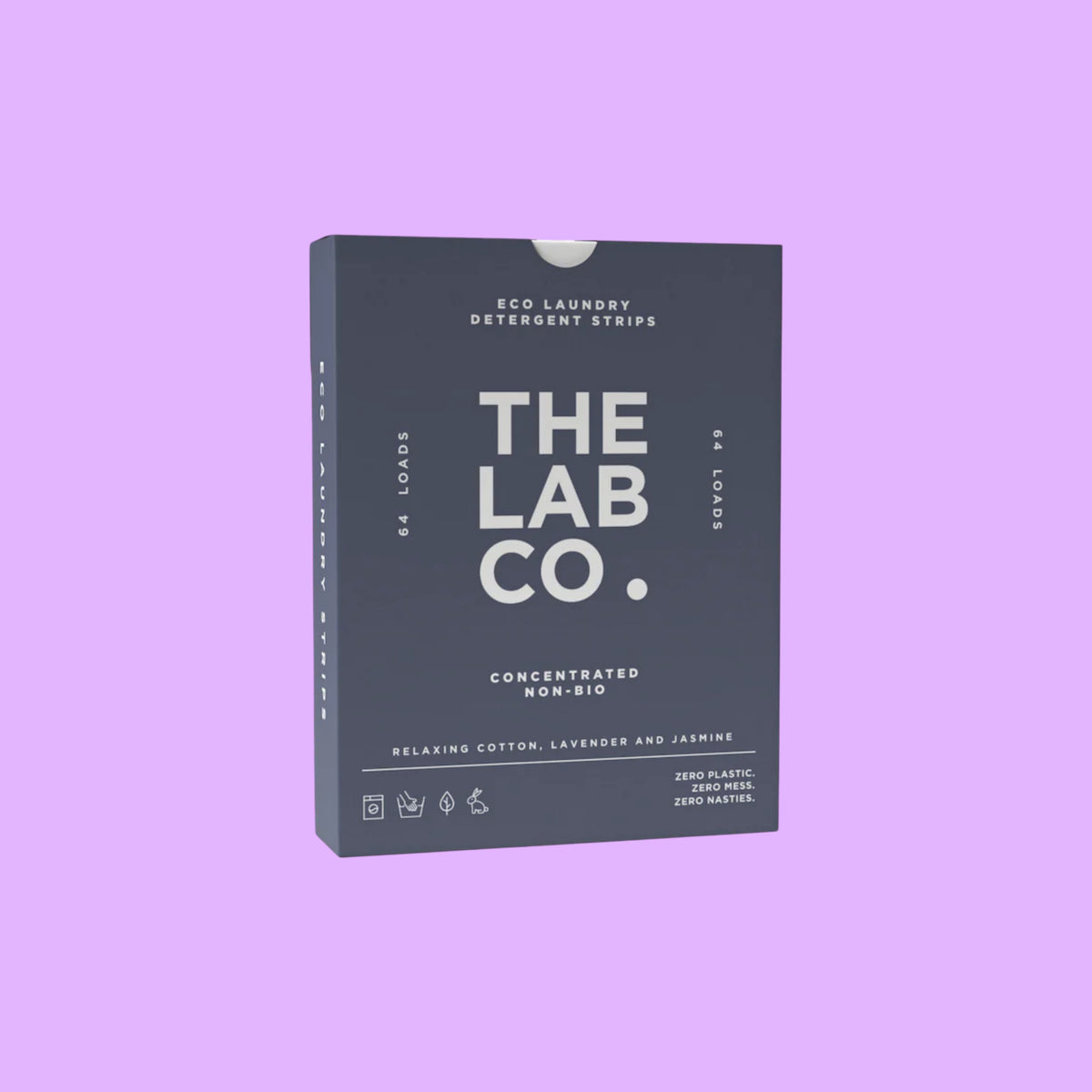 The Lab Co. Relaxing Laundry Detergent Strips in a dark blue plastic-free box for 64 loads of eco-friendly wash.