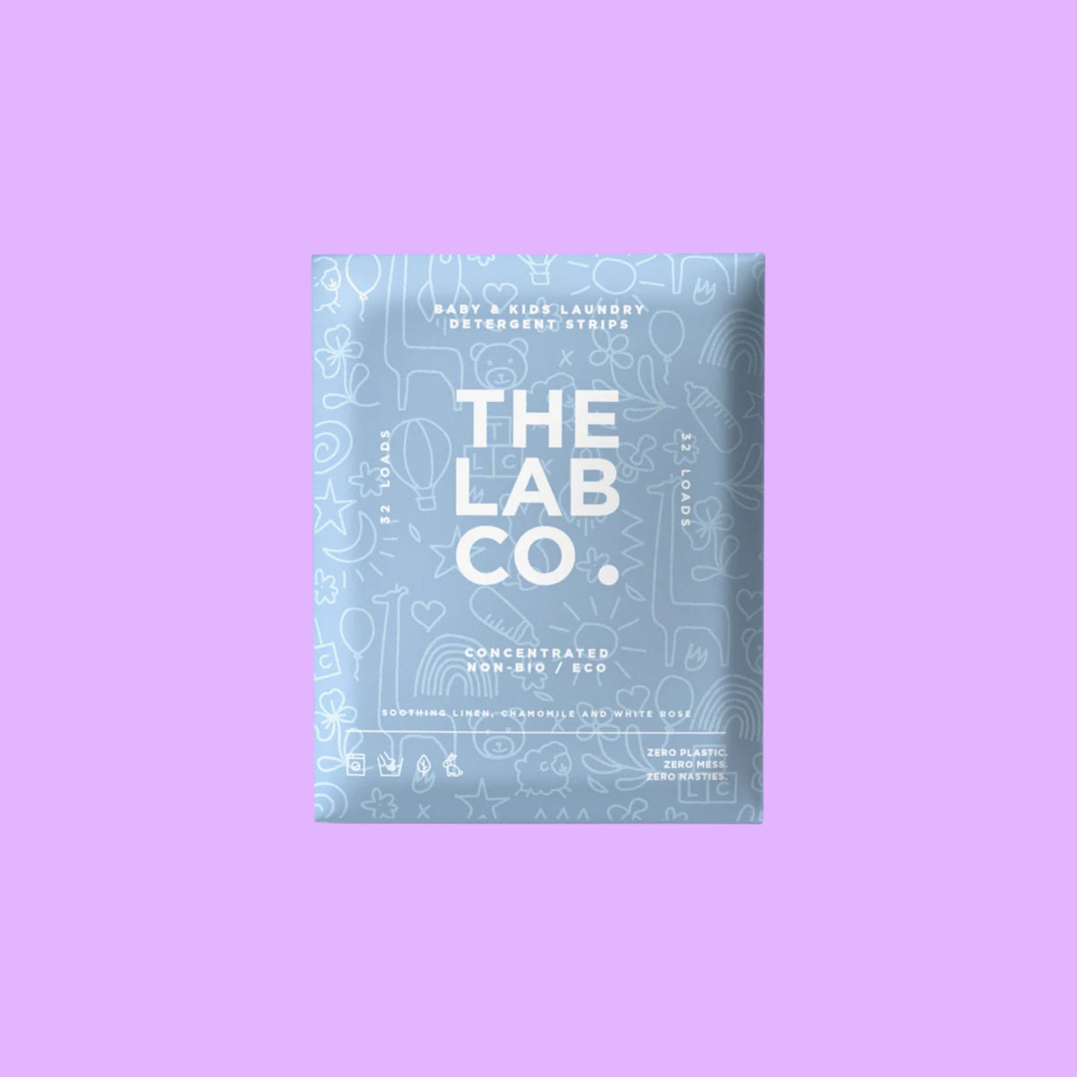 The Lab Co. soothing laundry detergent strips in light blue packaging with playful white line art illustrations, shown from a different angle.