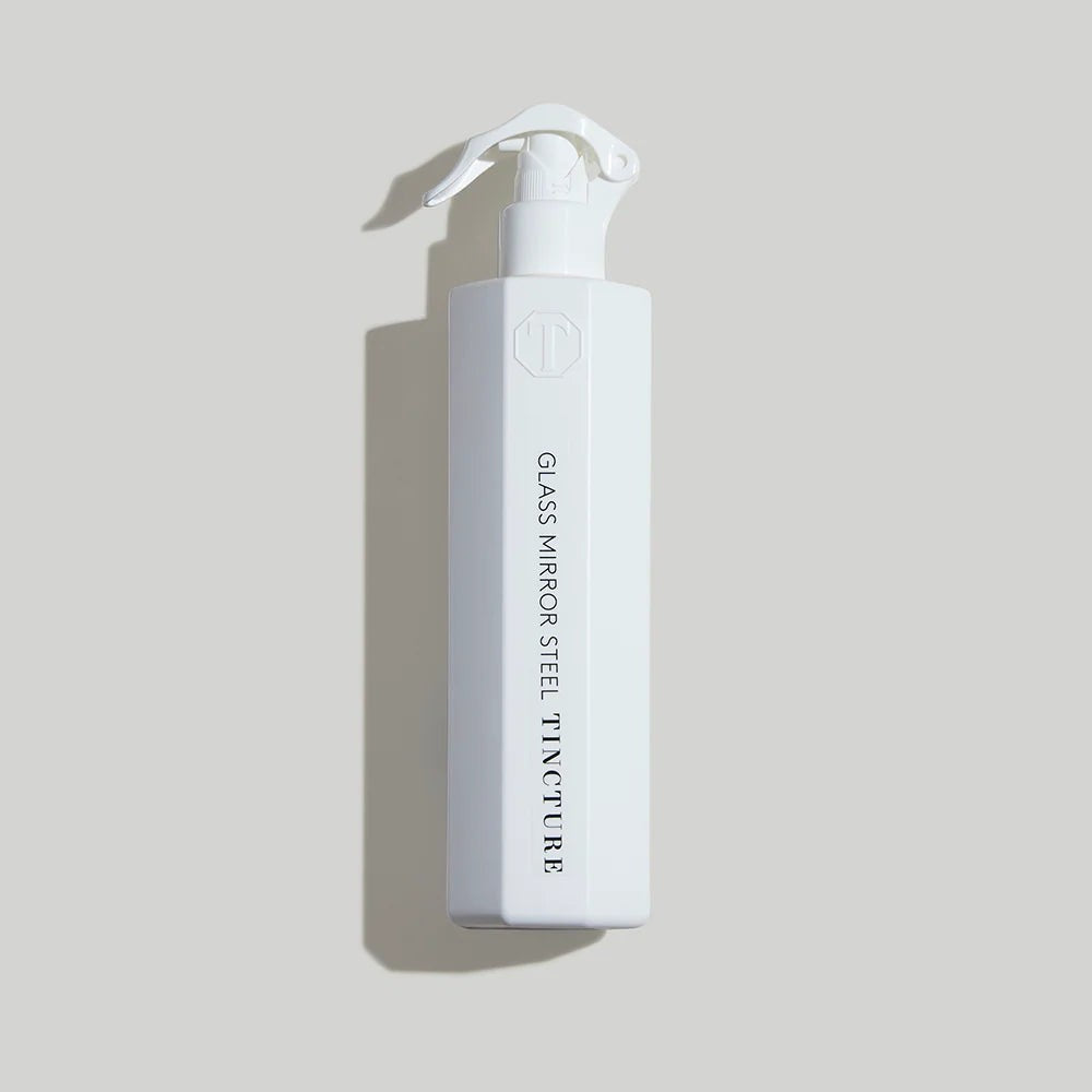 Tincture London antimicrobial white octagonal glass mirror and steel cleaner spray bottle with safety lock
