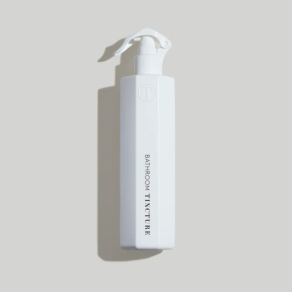 Tincture London antimicrobial white octagonal bathroom cleaner spray bottle with safety lock trigger
