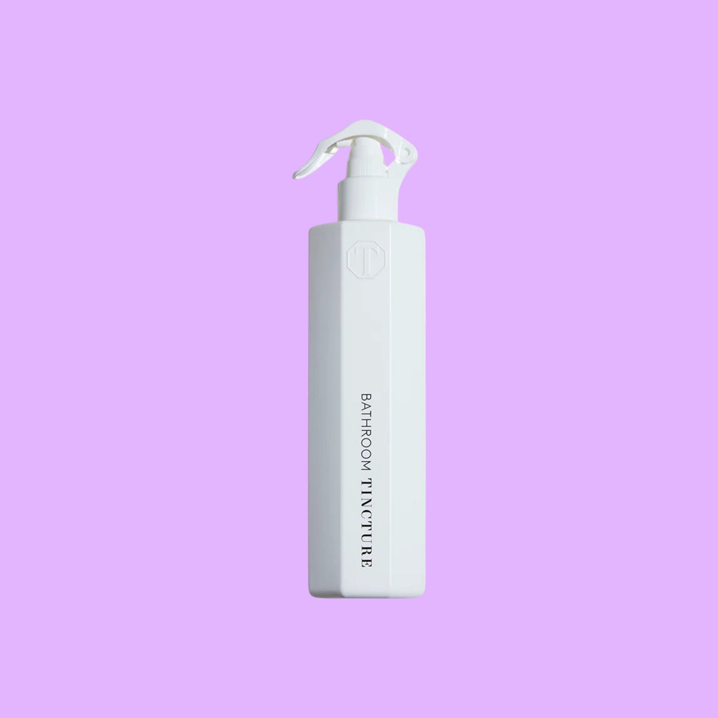 Tincture London antimicrobial white bathroom spray bottle with an elegant octagonal design and safety lock.