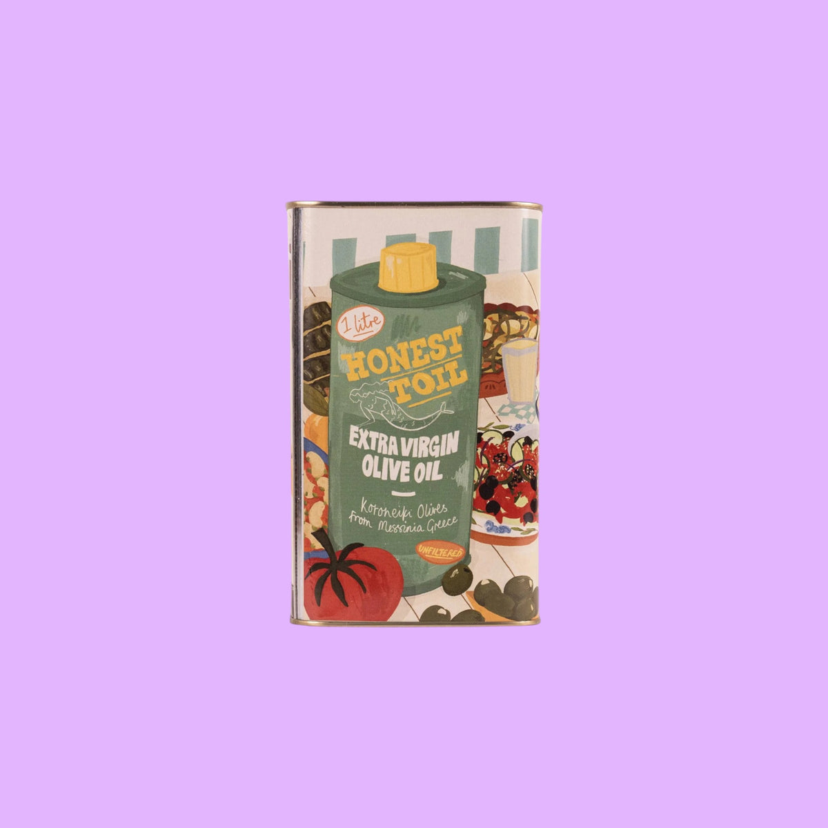Honest Toil UK 1L can of unfiltered extra virgin olive oil featuring vibrant Greek dish artwork by Zena Kay