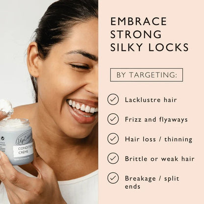 UpCircle conditioner crème held by a smiling woman, highlighting benefits for strong, silky, healthy hair.