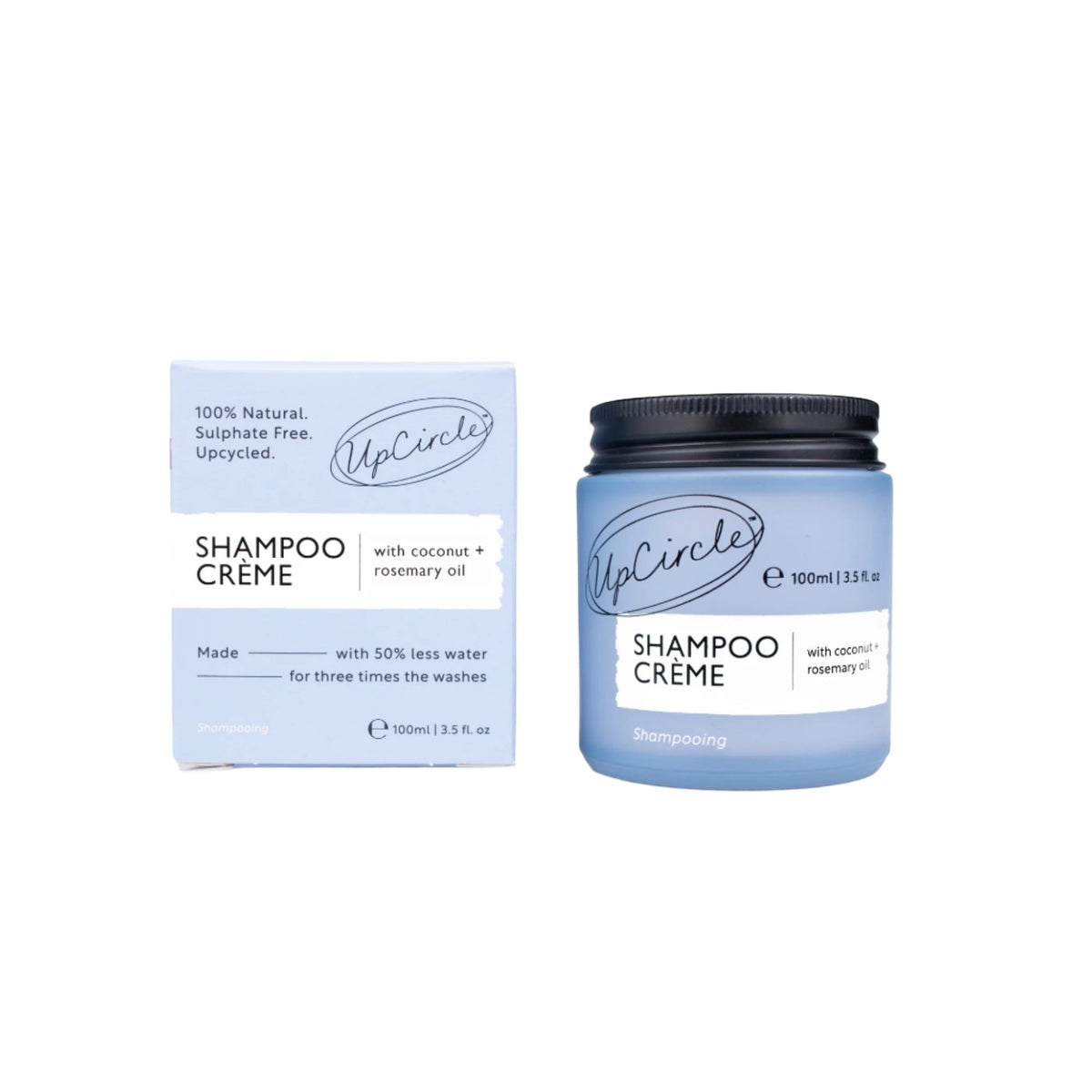 UpCircle natural shampoo crème in a blue glass jar with matching cardboard box packaging