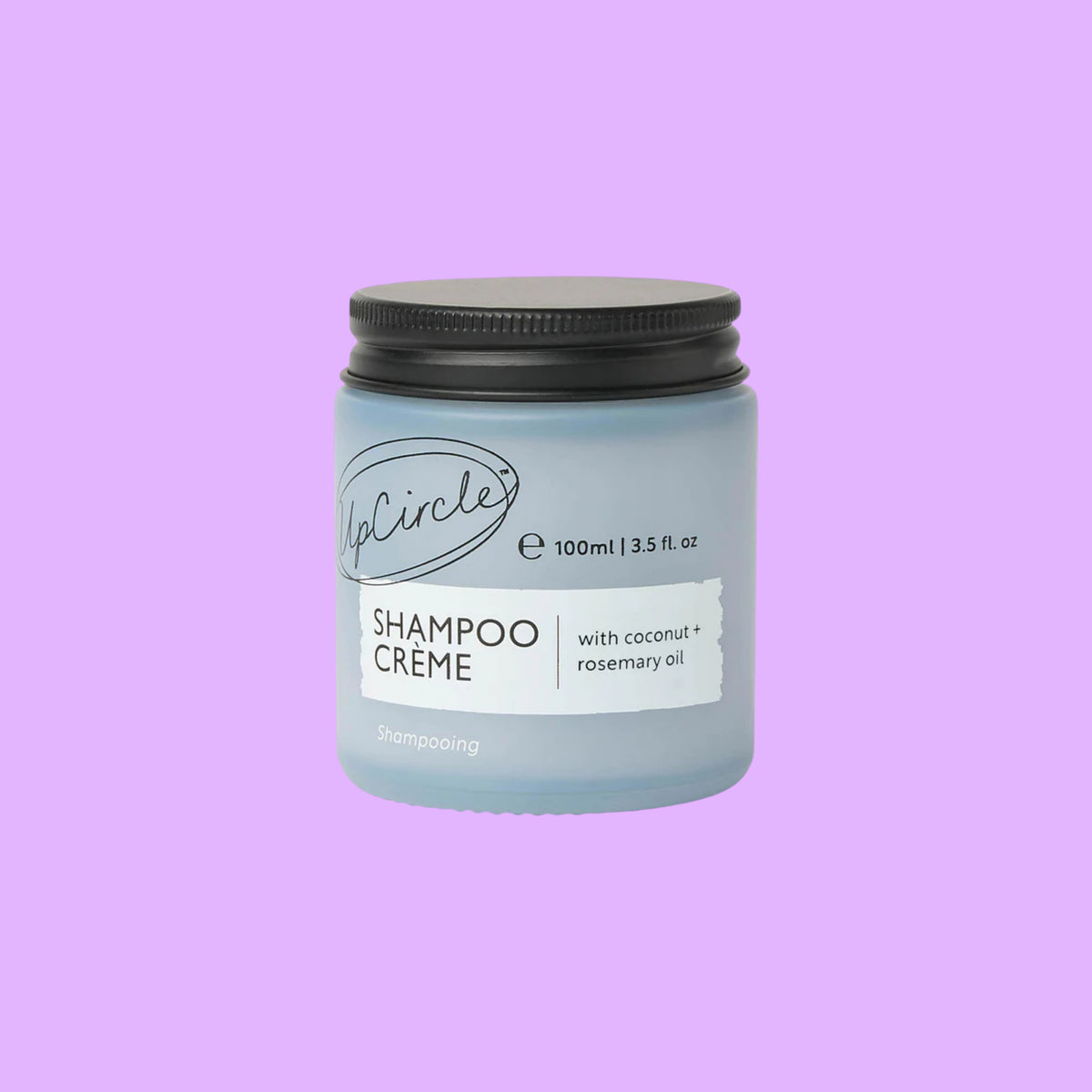 UpCircle refillable shampoo crème in a 100ml frosted glass jar with black lid and coconut and rosemary oil