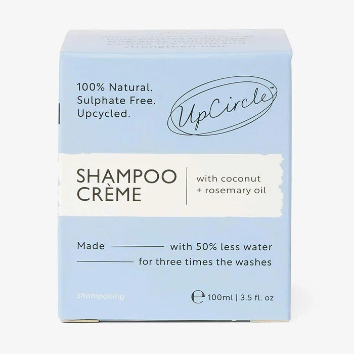UpCircle refillable shampoo crème in a light blue box with natural, sulphate-free, and upcycled ingredients.