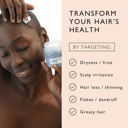 UpCircle shampoo crème held by a woman, showing benefits for hair health like dryness, frizz, and scalp care.