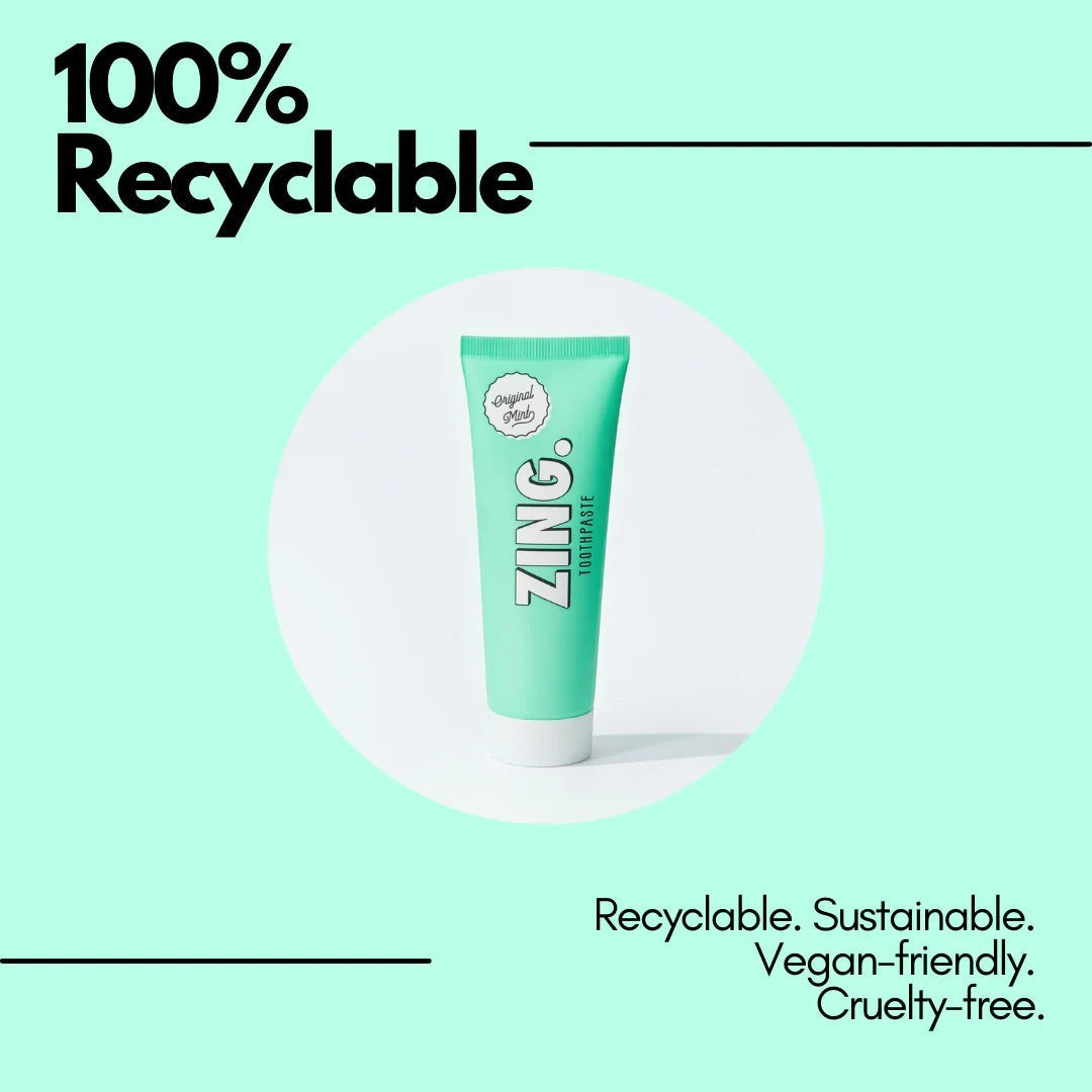 Zing mint enamel whitening toothpaste in a recyclable green tube with vegan and cruelty-free credentials.