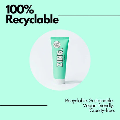 Zing mint enamel whitening toothpaste in a recyclable green tube with vegan and cruelty-free credentials.
