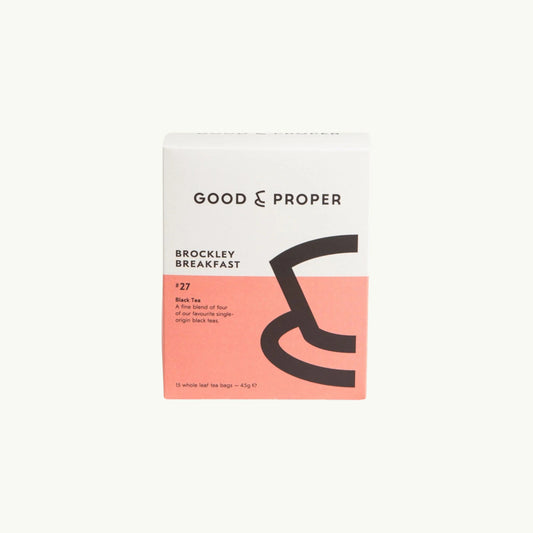 Good & Proper Tea Brockley Breakfast black tea bags in a white and peach recyclable cardboard box.