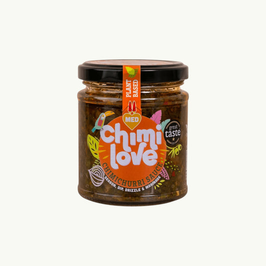 Chimi Love medium chimichurri sauce in a glass jar with vibrant herb-forward ingredients and plant-based label.