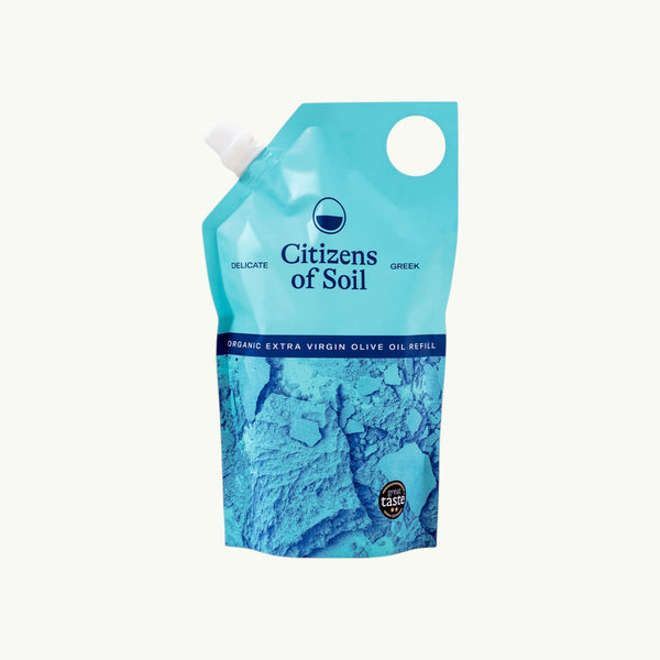 BRiMM Citizens of Soil 500ml Greek extra virgin olive oil refill pouch in blue packaging with a spout.