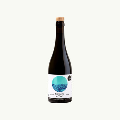 BRiMM Citizens of Soil organic Greek extra virgin olive oil in a dark glass bottle with a cork stopper