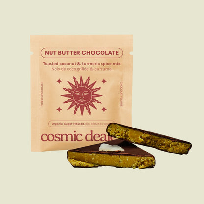 Cosmic Dealer coconut turmeric dark chocolate bar with almond butter filling and toasted coconut topping