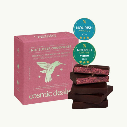 BRiMM Nut Butter Chocolates Raspberry with macadamia and 75% dark cacao, shown with packaging and stacked squares.