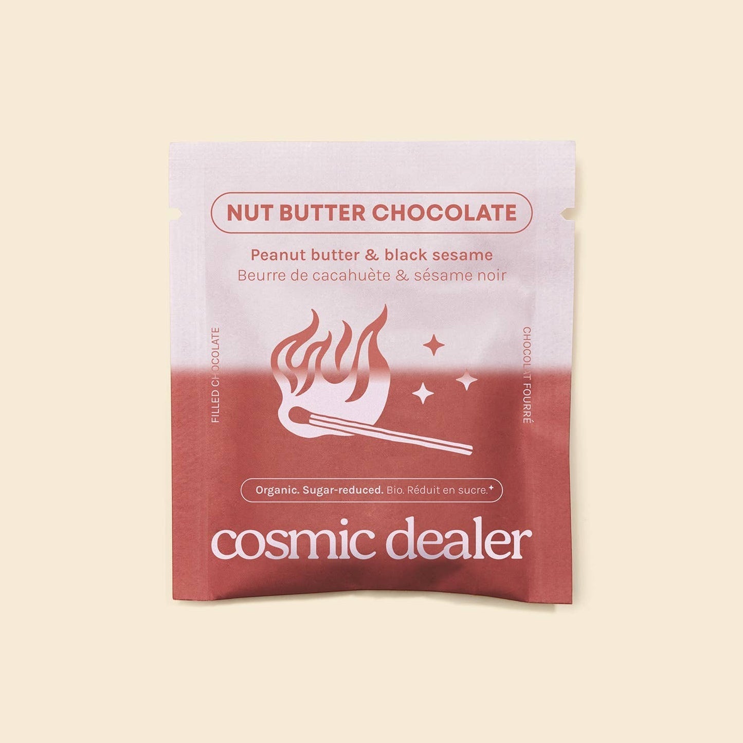 Cosmic Dealer peanut butter and tahini chocolate square packaging with flame and star graphic design
