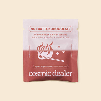 Cosmic Dealer peanut butter and tahini chocolate square packaging with flame and star graphic design