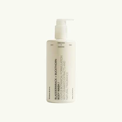 dulcie Bladderwrack and Buckthorn body wash in a 500ml white pump bottle with minimalist botanical label design.