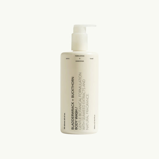 dulcie Bladderwrack and Buckthorn body wash in a 500ml white pump bottle with minimalist botanical label design.