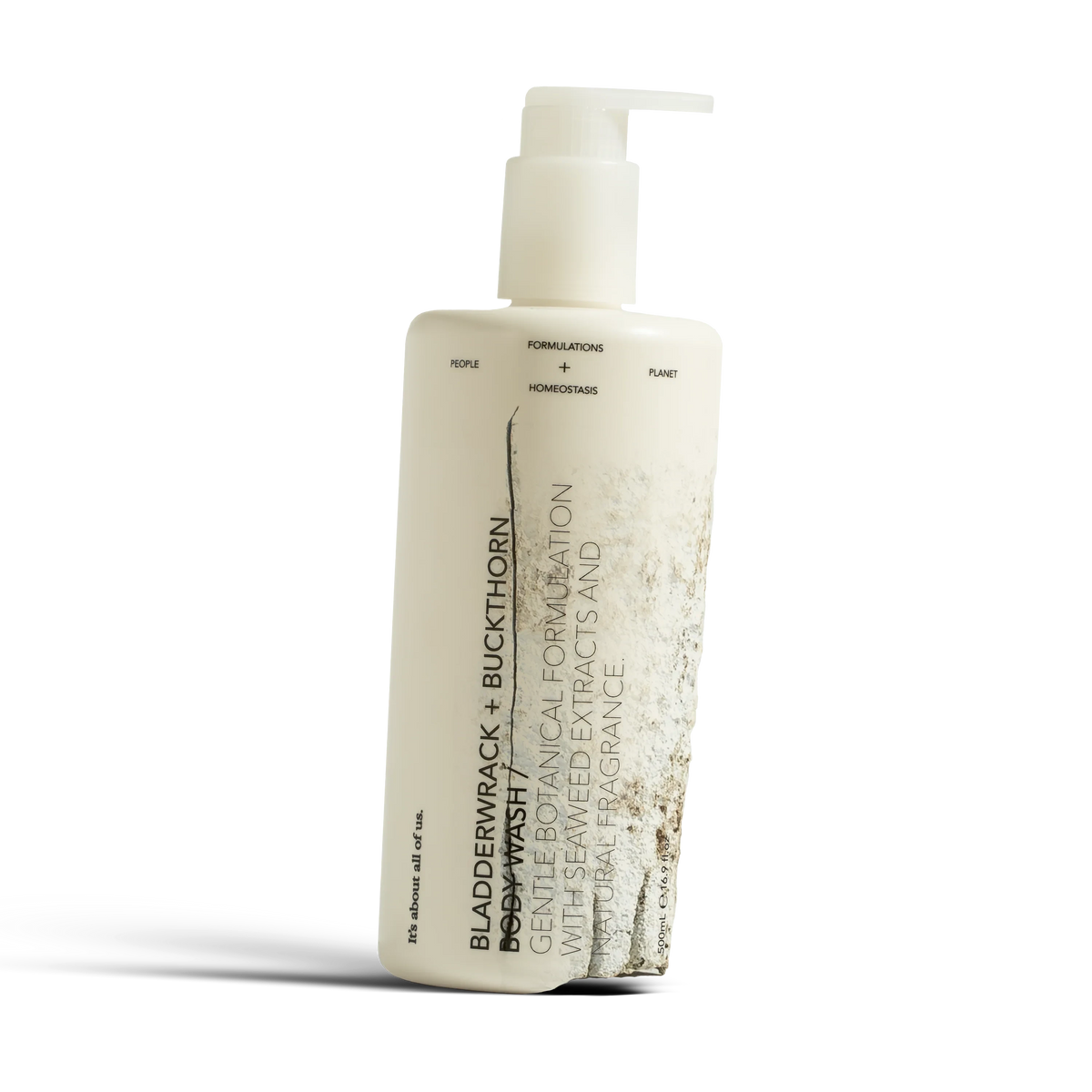 dulcie Bladderwrack and Buckthorn body wash in a 500ml white pump bottle with minimalist botanical label design, close-up detail shot.