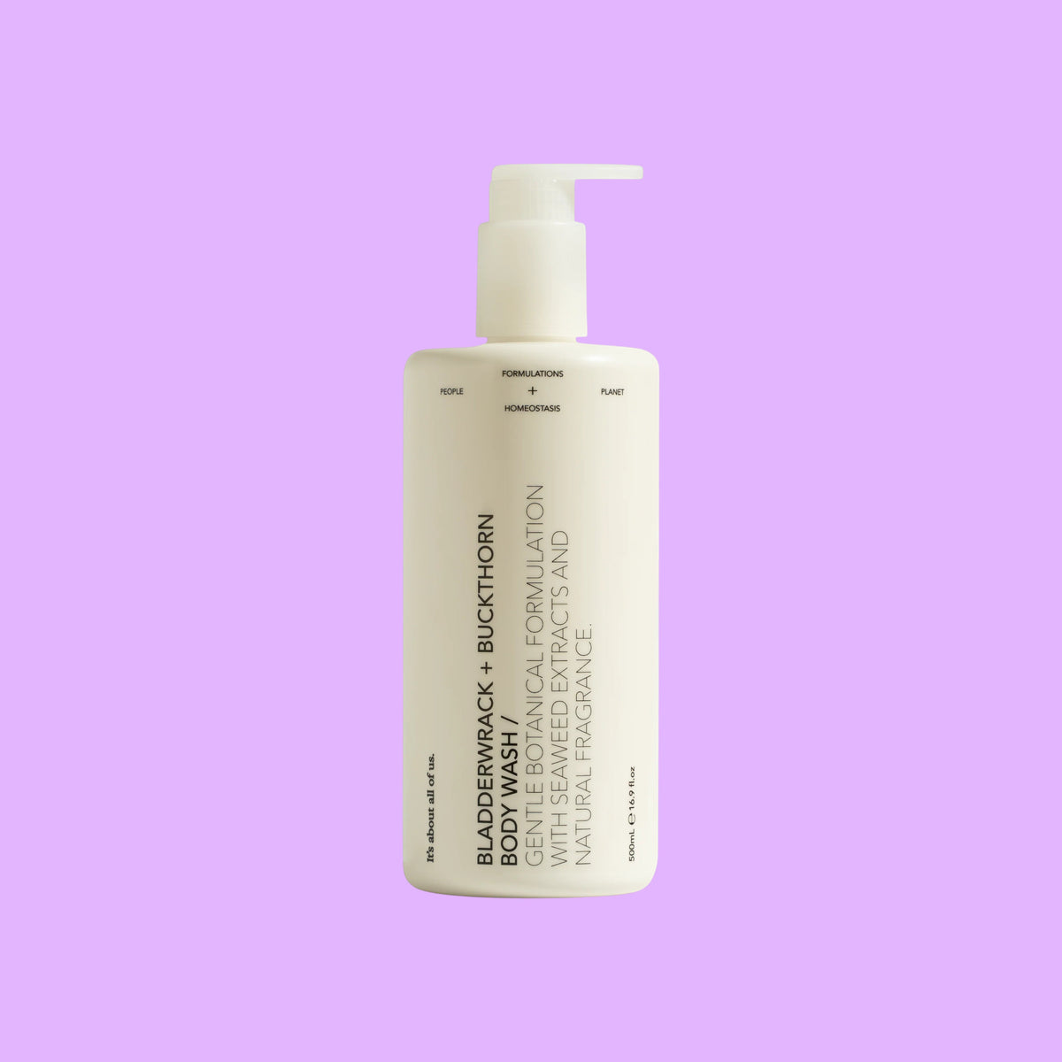 dulcie Bladderwrack and Buckthorn body wash in a white 500ml pump bottle with minimalist black typography