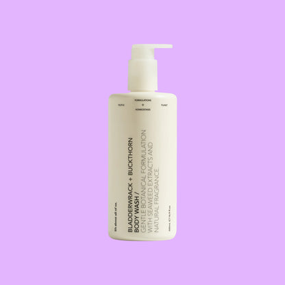 dulcie Bladderwrack and Buckthorn body wash in a white 500ml pump bottle with minimalist black typography