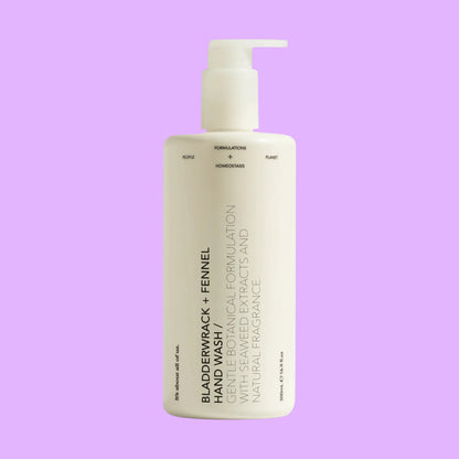 dulcie Bladderwrack and Fennel hand wash in a minimalist off-white pump bottle with clean typography.
