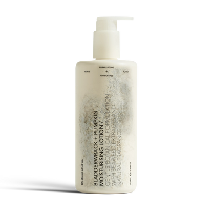 dulcie Bladderwrack and Pumpkin Moisturising Lotion in a white pump bottle with botanical-inspired label design.