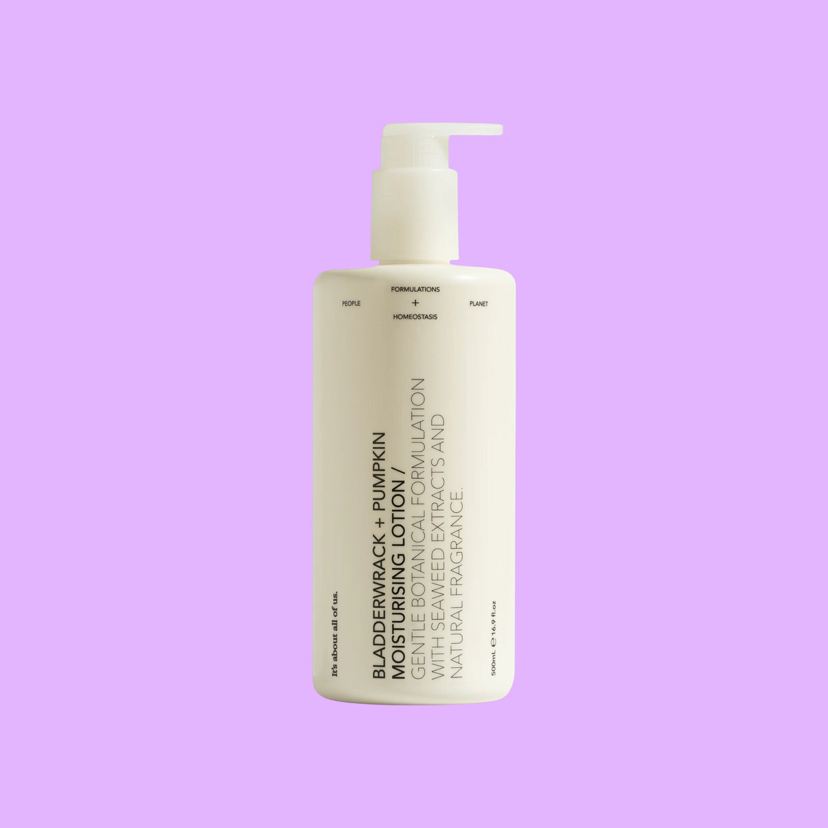 dulcie Bladderwrack and Pumpkin Moisturising Lotion in a minimalist white pump bottle with botanical ingredients, shown from a different angle.